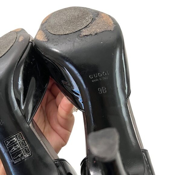 Gucci Womens Black Patent Pewter Metallic Leather D'orsay Peep Toe Heels 9 - Picture 12 of 12